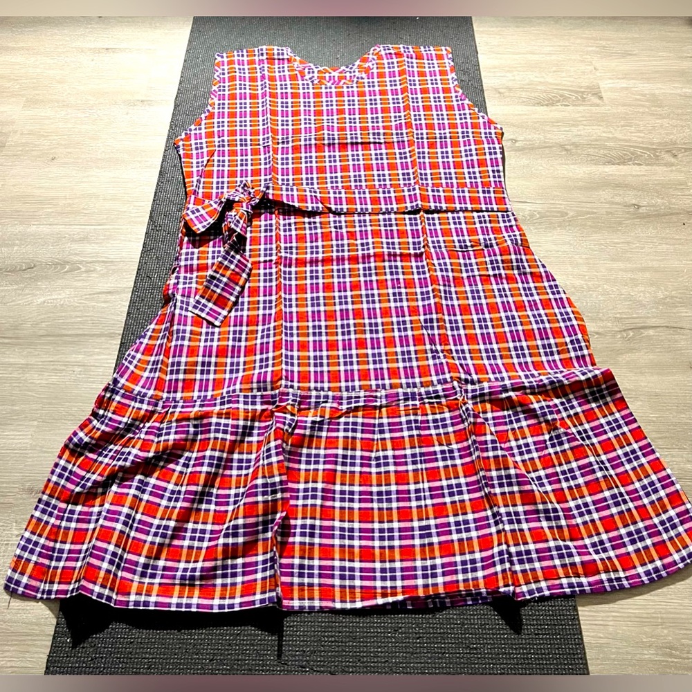 Designer Custom tailed Cotton plaid yellow sleeveless dress with self-tie belt.